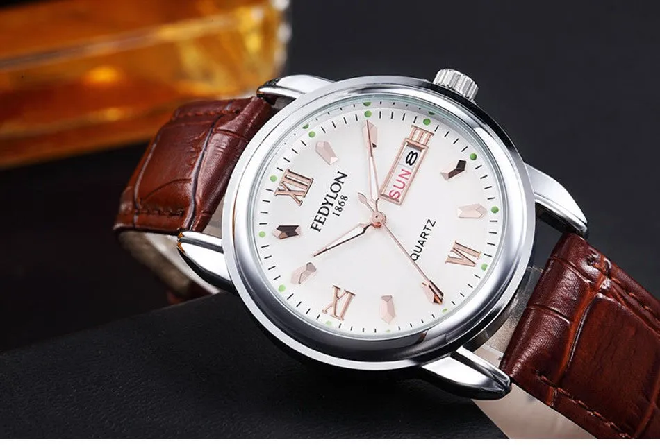 New Luxury Mens Watches Super Soft Leather Clock Men Date Day Calendar Waterproof Quartz Wrist Watches For Men