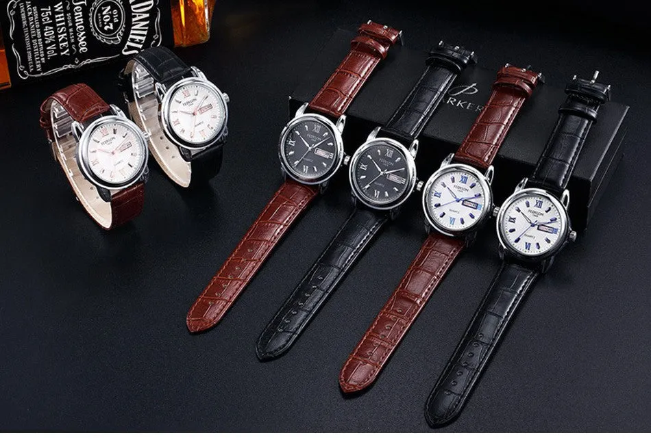 New Luxury Mens Watches Super Soft Leather Clock Men Date Day Calendar Waterproof Quartz Wrist Watches For Men