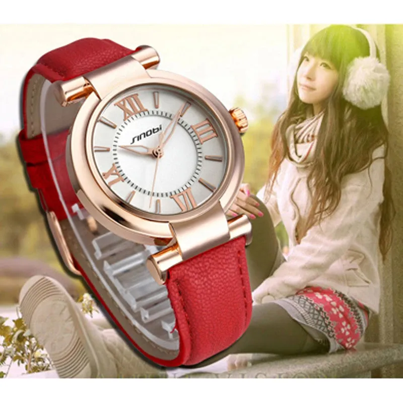 Newest Arrival SINOBI Brand Dress Watch for Women Leather Strap Gold Ladies Wristwatch Quartz Fashion Watches