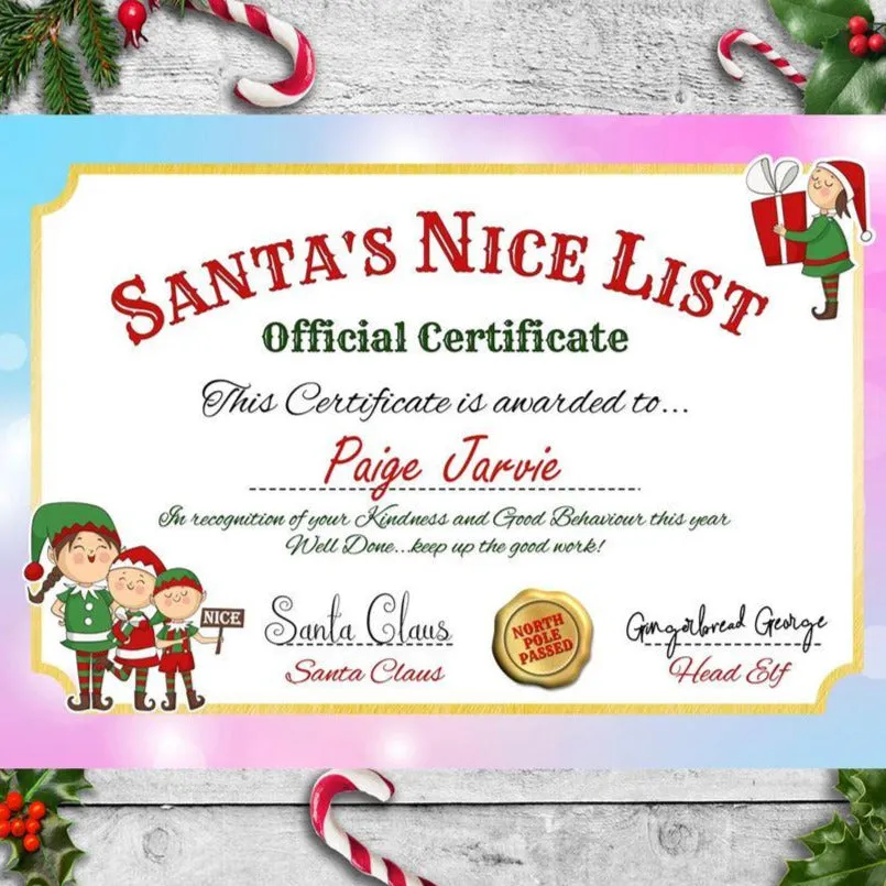 Personalised A4 Santa Nice List Certificate