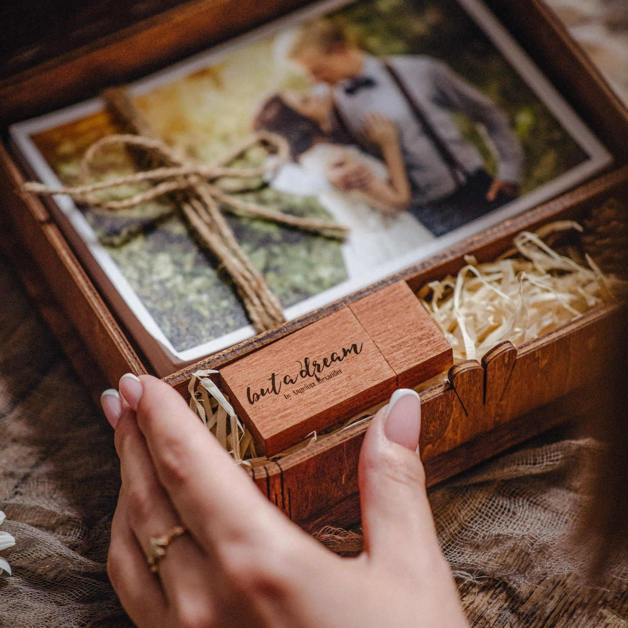 Personalized Wooden Box with USB Drive for Wedding Photo Storage