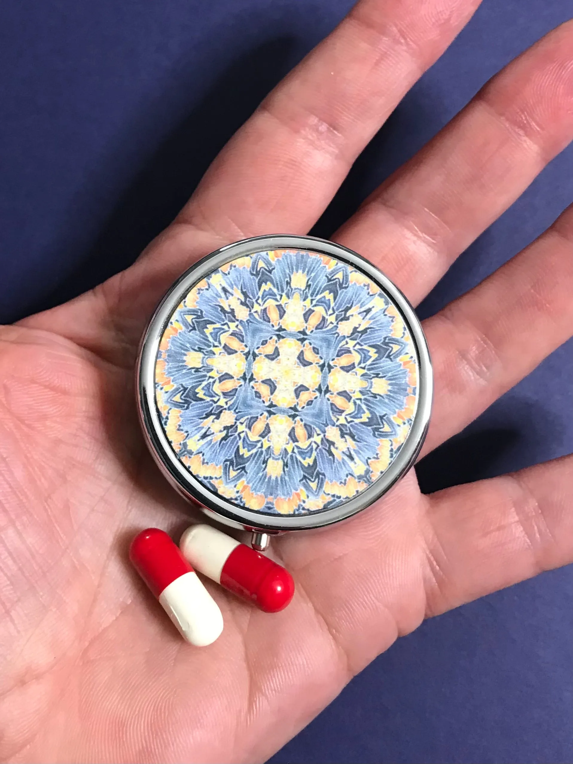 Pretty Soft  Grey Primrose Yellow Butterfly Moth Pill Box - Cool Round Medicine Box - Stud Earing Jewellery Box - Mint Butterflies