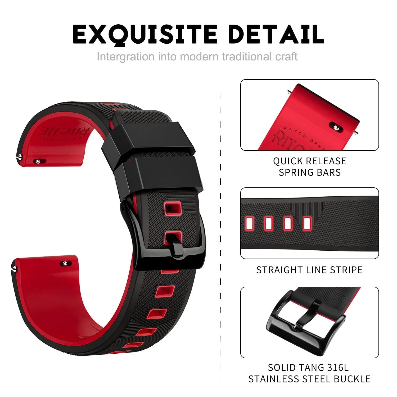 Ritche Sports Silicone Quick Release Watch Bands -Black/Red/Black Buckle