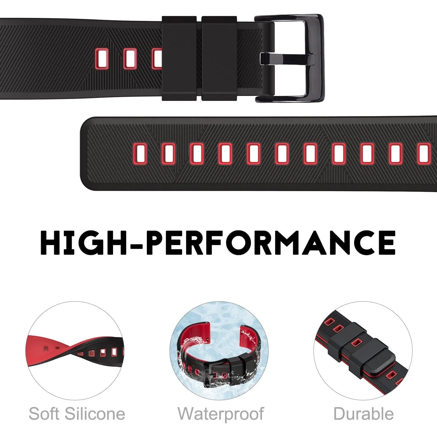 Ritche Sports Silicone Quick Release Watch Bands -Black/Red/Black Buckle