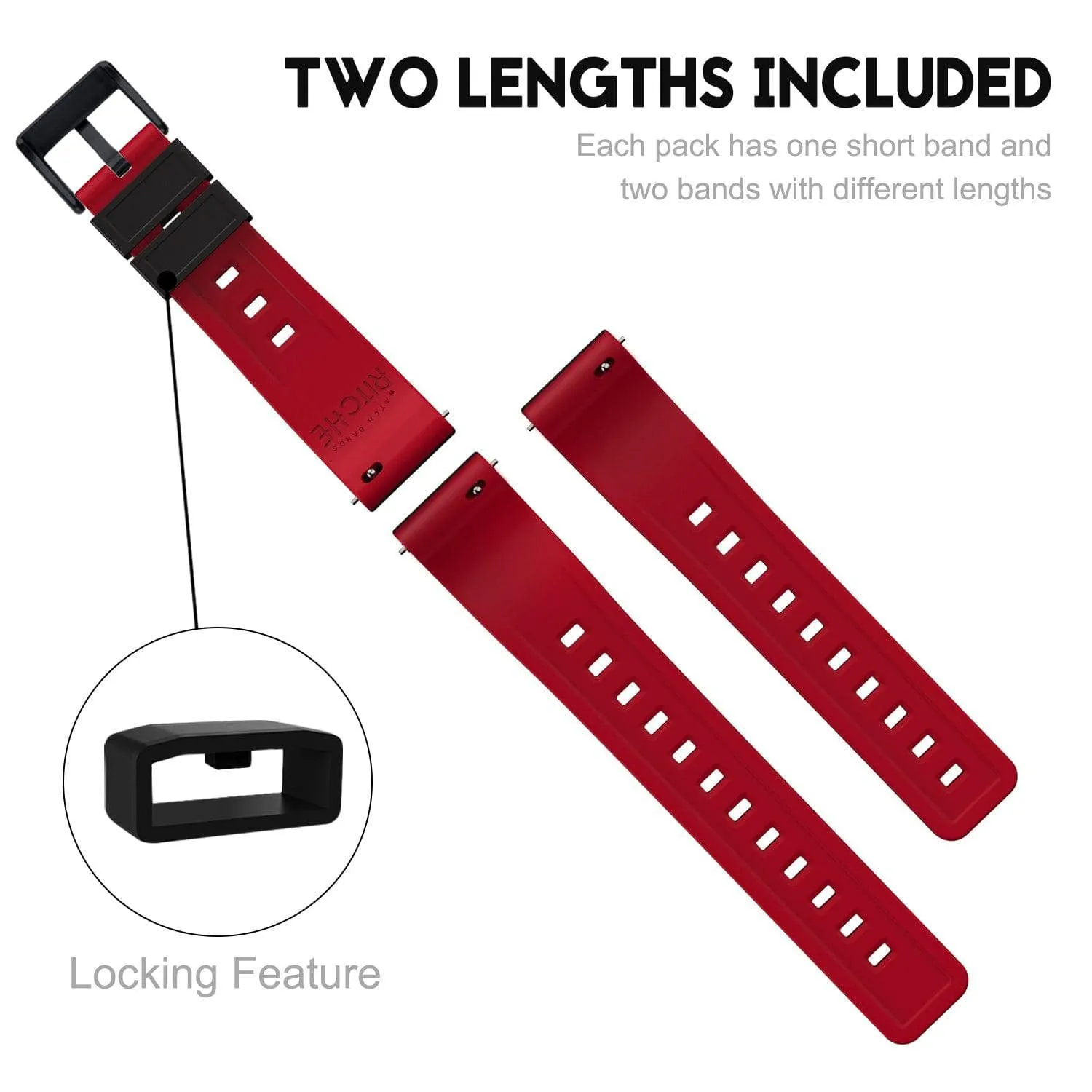 Ritche Sports Silicone Quick Release Watch Bands -Black/Red/Black Buckle