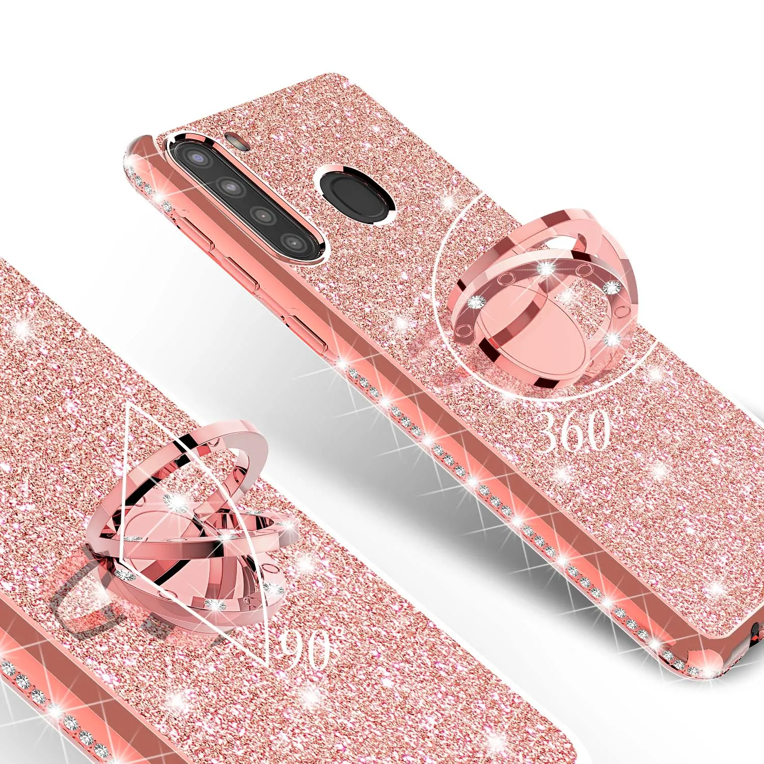 Samsung Galaxy A11 Case, Glitter Cute Phone Case Girls with Kickstand,Bling Diamond Rhinestone Bumper Ring Stand Sparkly Luxury Clear Thin Soft Protective Samsung Galaxy A11 Case for Girl Women - Rose Gold