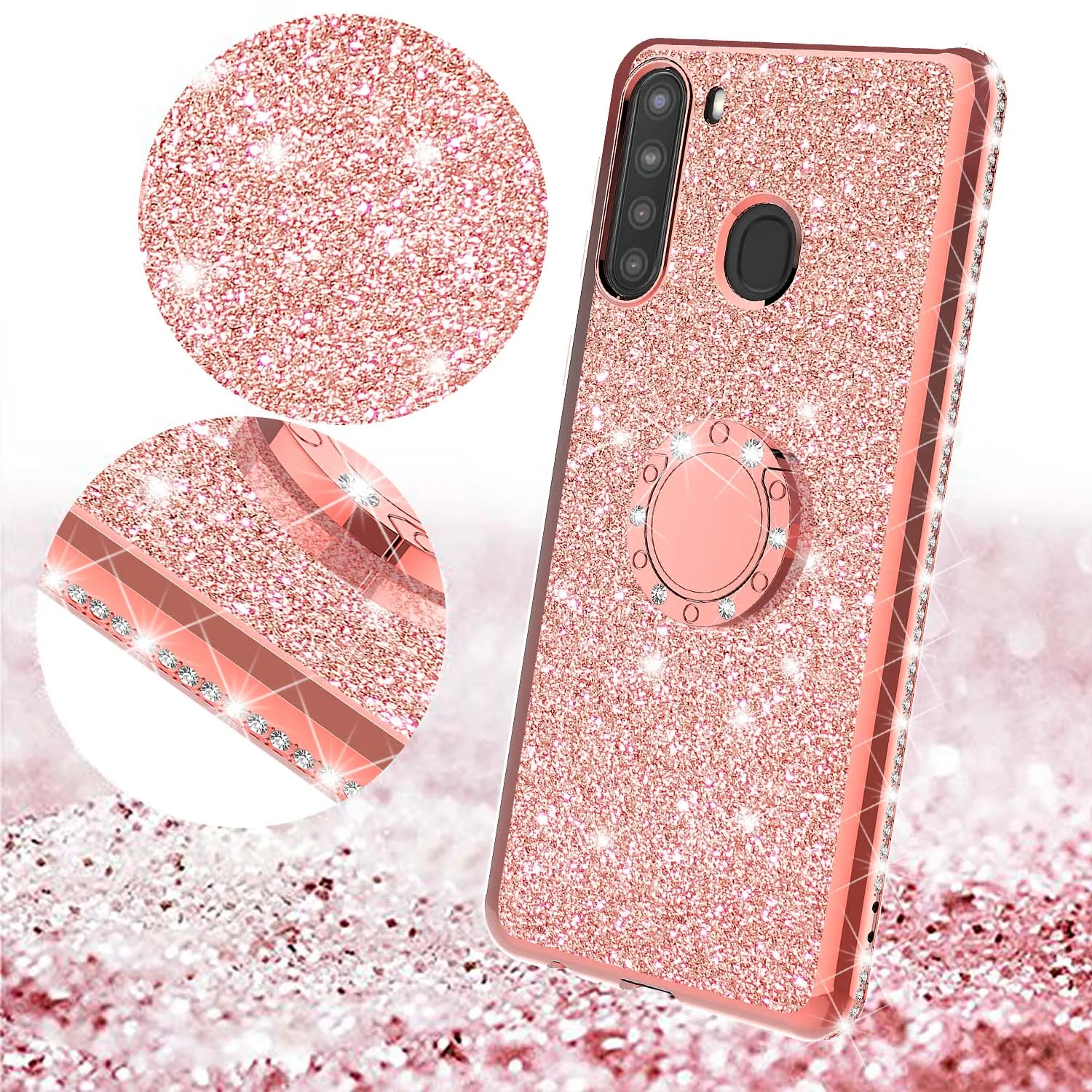 Samsung Galaxy A11 Case, Glitter Cute Phone Case Girls with Kickstand,Bling Diamond Rhinestone Bumper Ring Stand Sparkly Luxury Clear Thin Soft Protective Samsung Galaxy A11 Case for Girl Women - Rose Gold