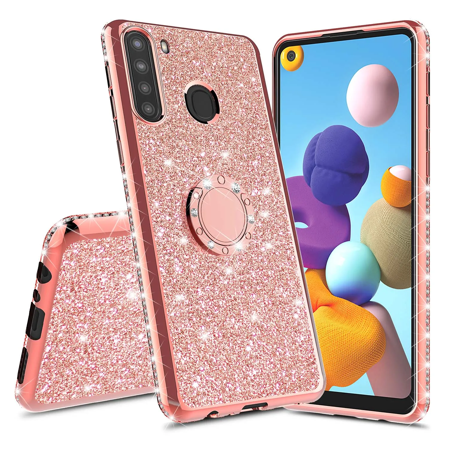 Samsung Galaxy A11 Case, Glitter Cute Phone Case Girls with Kickstand,Bling Diamond Rhinestone Bumper Ring Stand Sparkly Luxury Clear Thin Soft Protective Samsung Galaxy A11 Case for Girl Women - Rose Gold