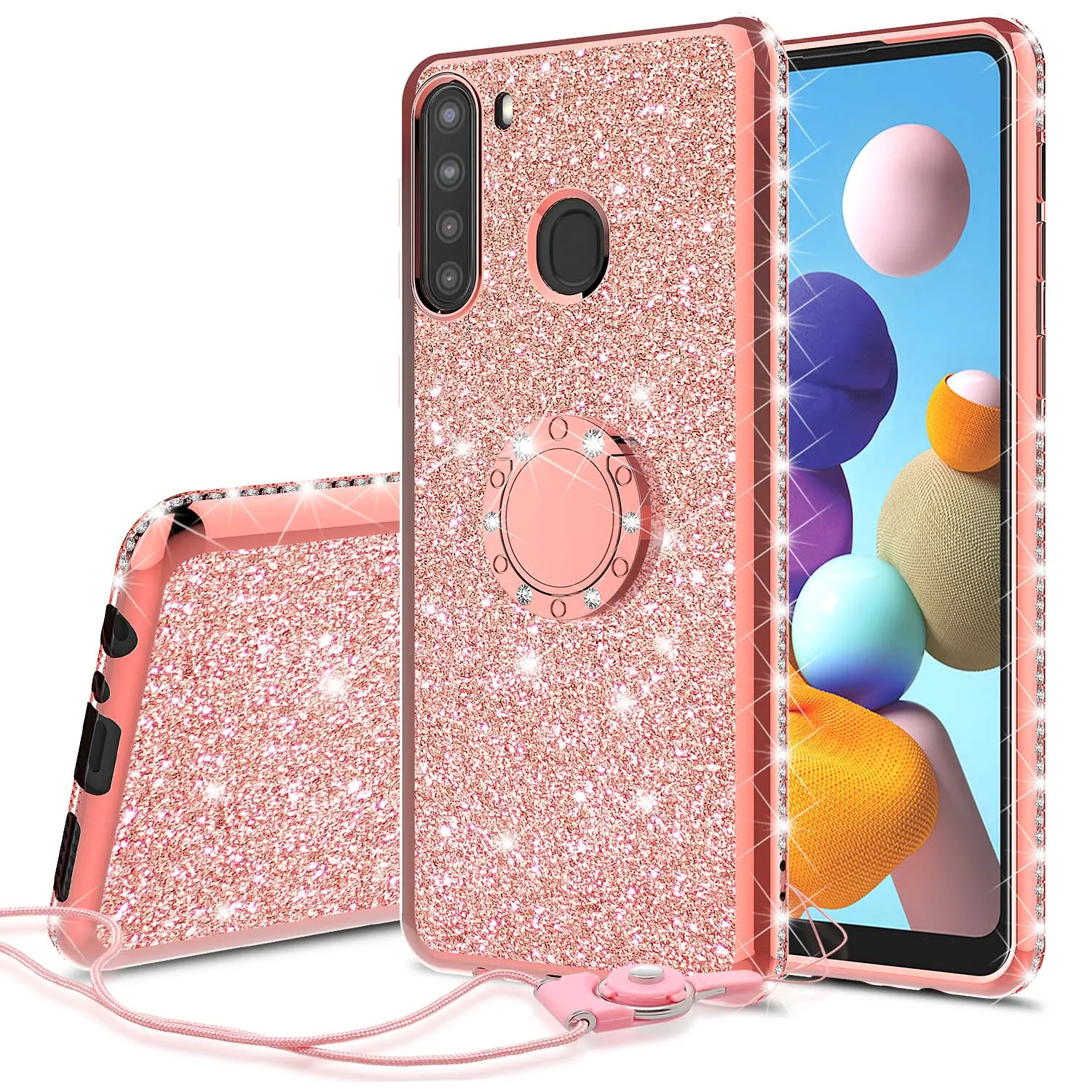 Samsung Galaxy A11 Case, Glitter Cute Phone Case Girls with Kickstand,Bling Diamond Rhinestone Bumper Ring Stand Sparkly Luxury Clear Thin Soft Protective Samsung Galaxy A11 Case for Girl Women - Rose Gold