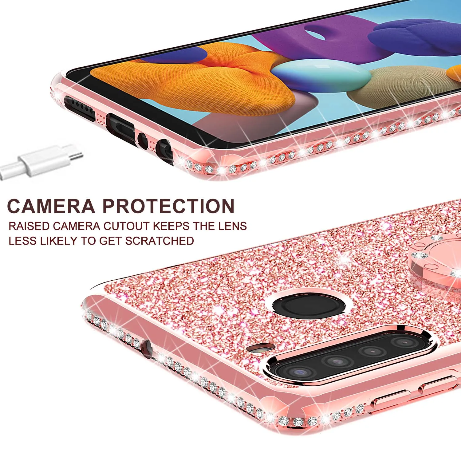 Samsung Galaxy A11 Case, Glitter Cute Phone Case Girls with Kickstand,Bling Diamond Rhinestone Bumper Ring Stand Sparkly Luxury Clear Thin Soft Protective Samsung Galaxy A11 Case for Girl Women - Rose Gold