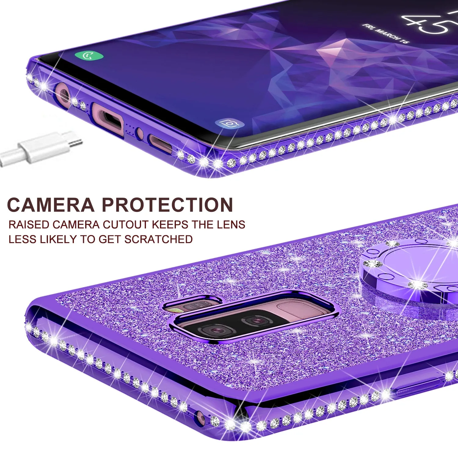 Samsung Galaxy S9 Plus Case, SM-G965U Case, Glitter Cute Phone Case Girls with Kickstand,Bling Diamond Rhinestone Bumper Ring Stand Sparkly Luxury Clear Thin Soft Protective Samsung Galaxy S9 Plus Case for Girl Women - Purple