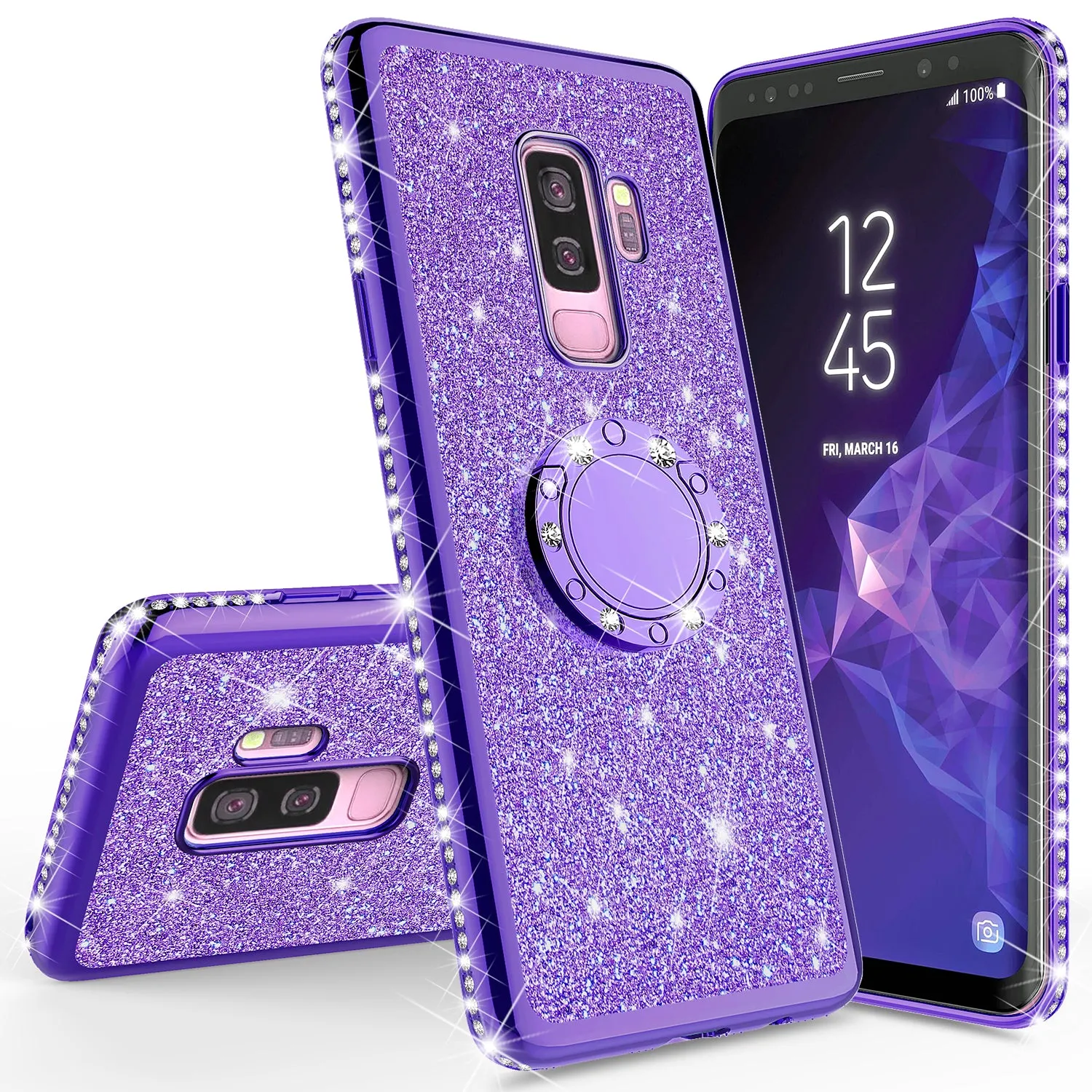 Samsung Galaxy S9 Plus Case, SM-G965U Case, Glitter Cute Phone Case Girls with Kickstand,Bling Diamond Rhinestone Bumper Ring Stand Sparkly Luxury Clear Thin Soft Protective Samsung Galaxy S9 Plus Case for Girl Women - Purple