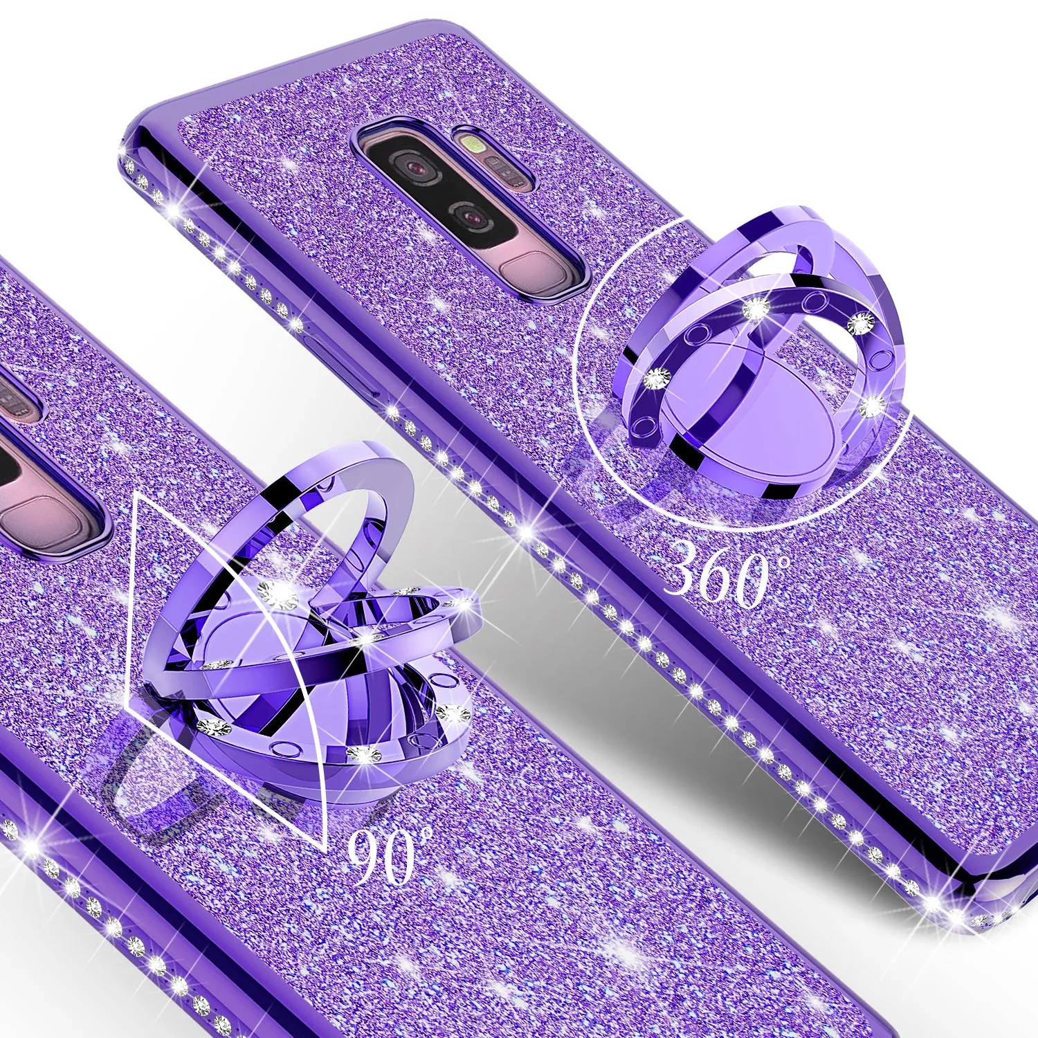 Samsung Galaxy S9 Plus Case, SM-G965U Case, Glitter Cute Phone Case Girls with Kickstand,Bling Diamond Rhinestone Bumper Ring Stand Sparkly Luxury Clear Thin Soft Protective Samsung Galaxy S9 Plus Case for Girl Women - Purple