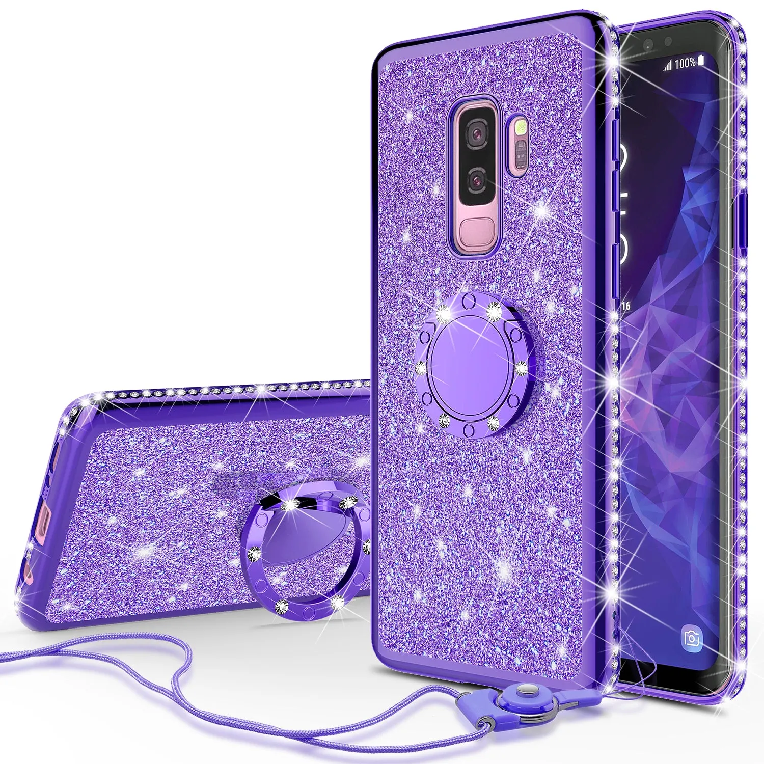 Samsung Galaxy S9 Plus Case, SM-G965U Case, Glitter Cute Phone Case Girls with Kickstand,Bling Diamond Rhinestone Bumper Ring Stand Sparkly Luxury Clear Thin Soft Protective Samsung Galaxy S9 Plus Case for Girl Women - Purple