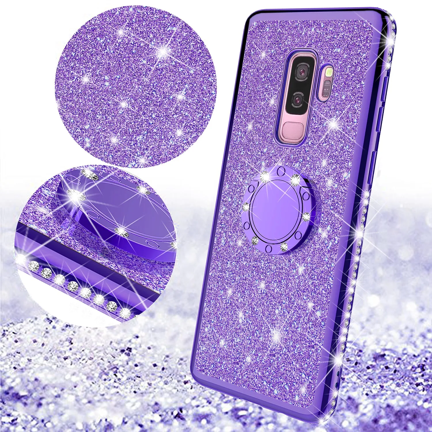 Samsung Galaxy S9 Plus Case, SM-G965U Case, Glitter Cute Phone Case Girls with Kickstand,Bling Diamond Rhinestone Bumper Ring Stand Sparkly Luxury Clear Thin Soft Protective Samsung Galaxy S9 Plus Case for Girl Women - Purple