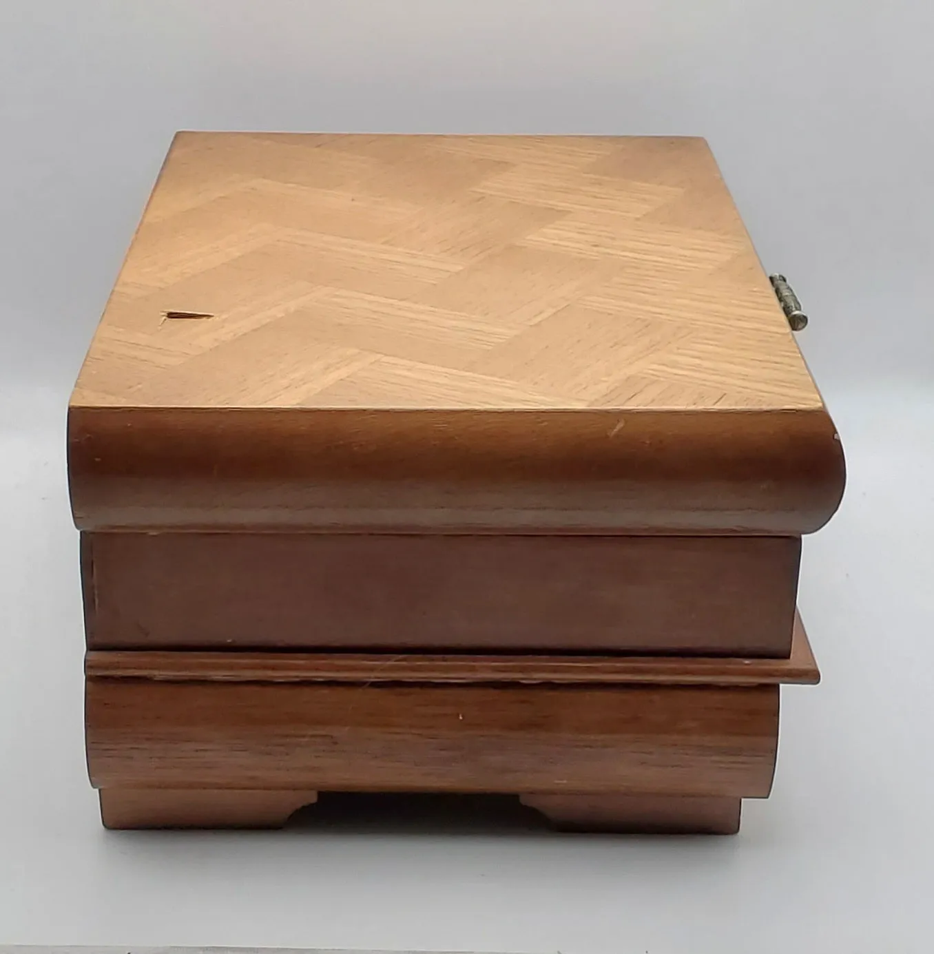 Sankyo - Vintage Wood Parquet Top Music Box Jewelry Box - MISSING DRAWER