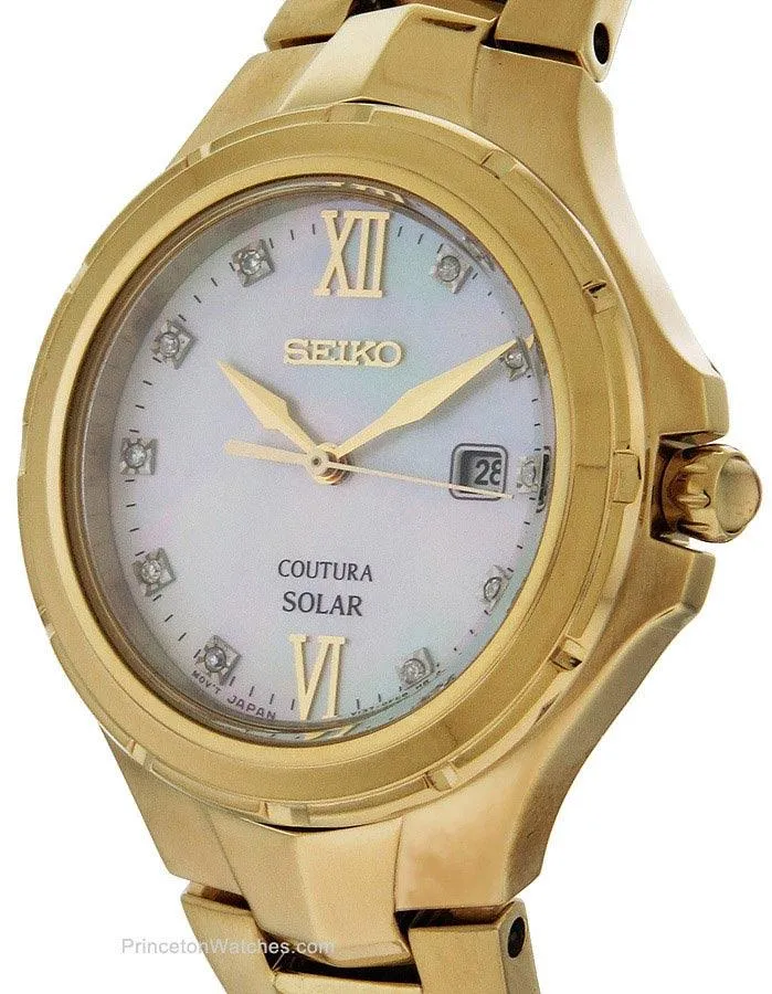 Seiko Solar Ladies 10 Diamond Coutura - Mother of Pearl Dial - Gold-Tone - Date