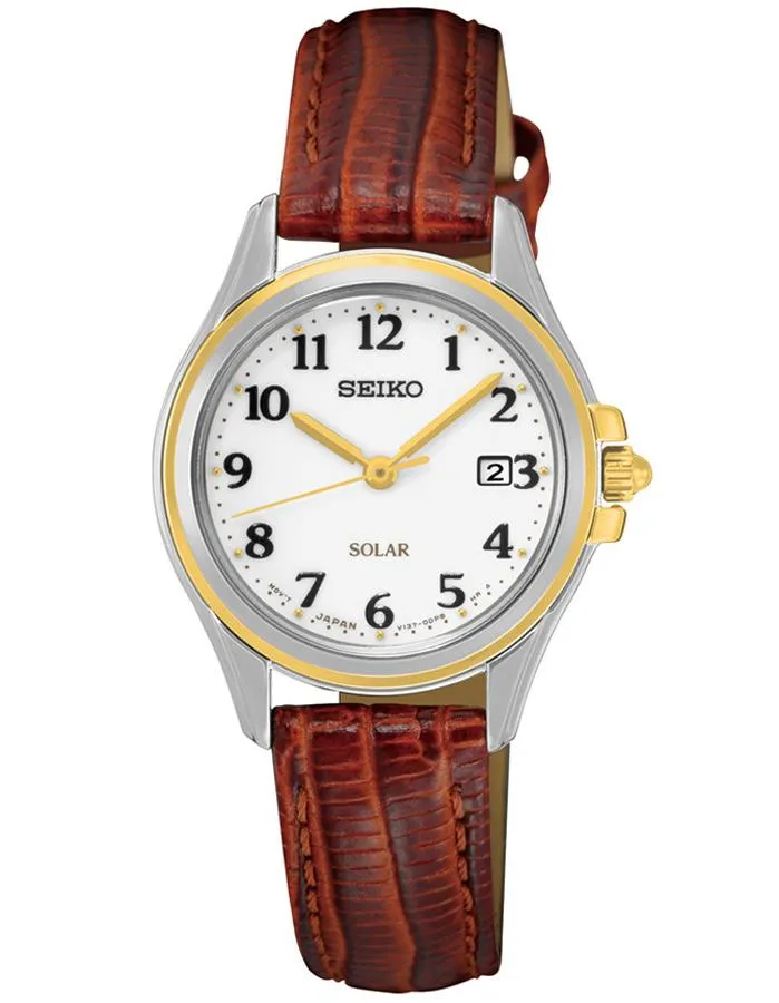 Seiko Solar Ladies Core Series Solar Watch - White Dial - Brown Leather Strap