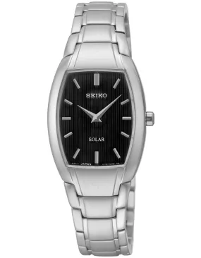 Seiko Solar Ladies Dress Watch - Tonneau-Shaped Case - Stainless - Black Dial