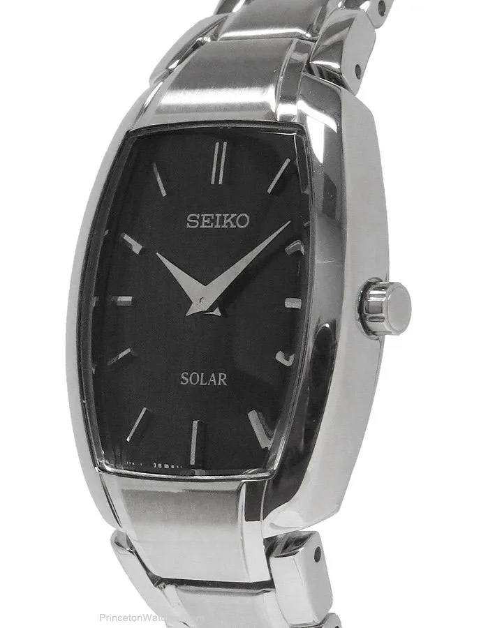 Seiko Solar Ladies Dress Watch - Tonneau-Shaped Case - Stainless - Black Dial