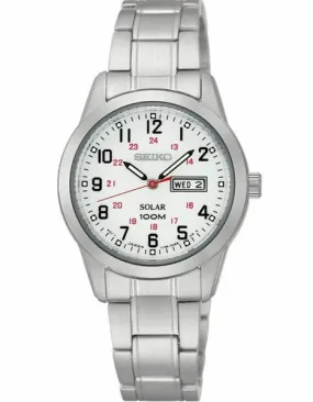 Seiko Solar Ladies Railroad Style Sporty Dress Watch - White Dial - Stainless