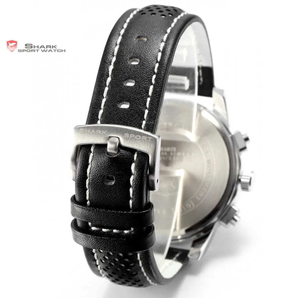 SHARK Sport Watch 6 Hands Clock Calendar Stainless Steel Case Black Leather Strap Relojes Men Quartz Wrist Tag Timepiece