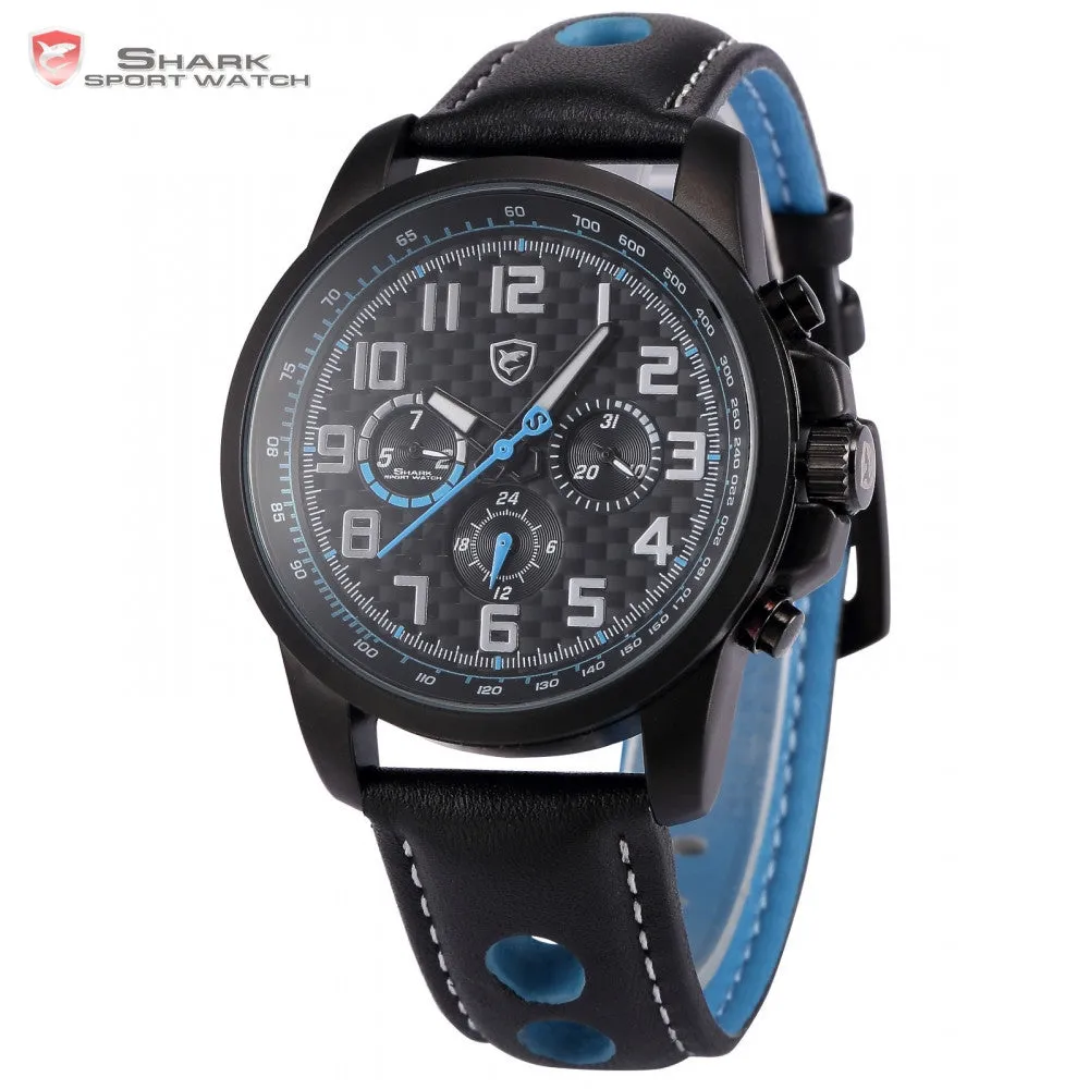 Shark Sport Watch Brand 3 ATM Waterproof Day Date Display Black Blue Dial Leather Band Men Quartz Military Wristwatch