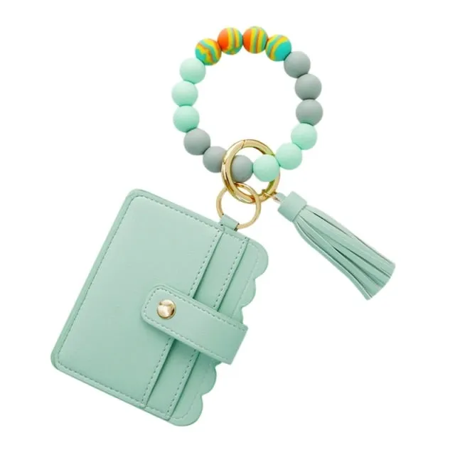 Silicone Tassel Beaded Bangle Wristlet Keychain Bracelet With Card Holder Wallet