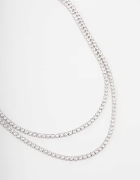 Silver Cubic Zirconia Round Cup Chain Layered Necklace