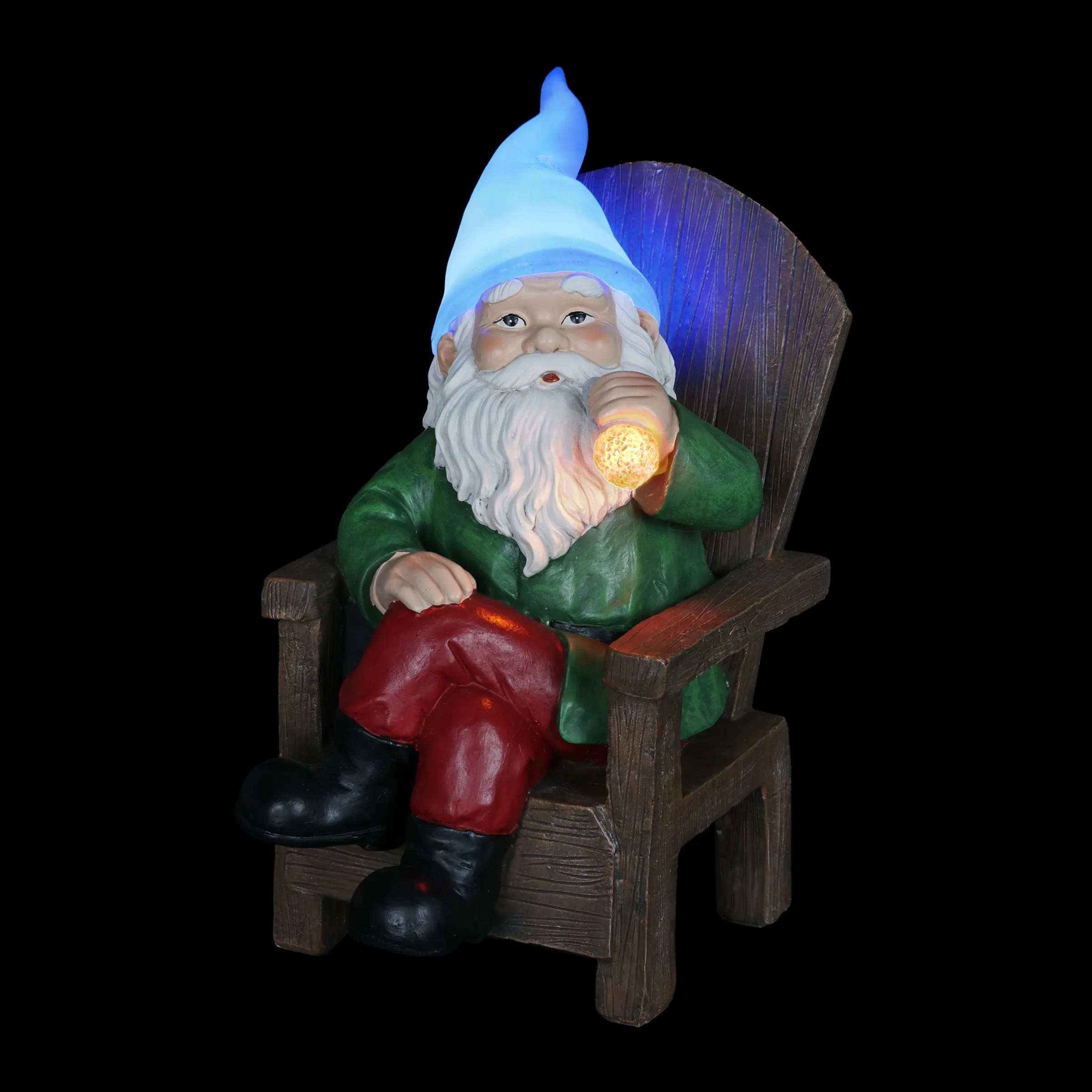 Solar Good Time Smoking Sam Gnome in Adirondack Chair Garden Statuary, 8.5 by 10.5 Inches