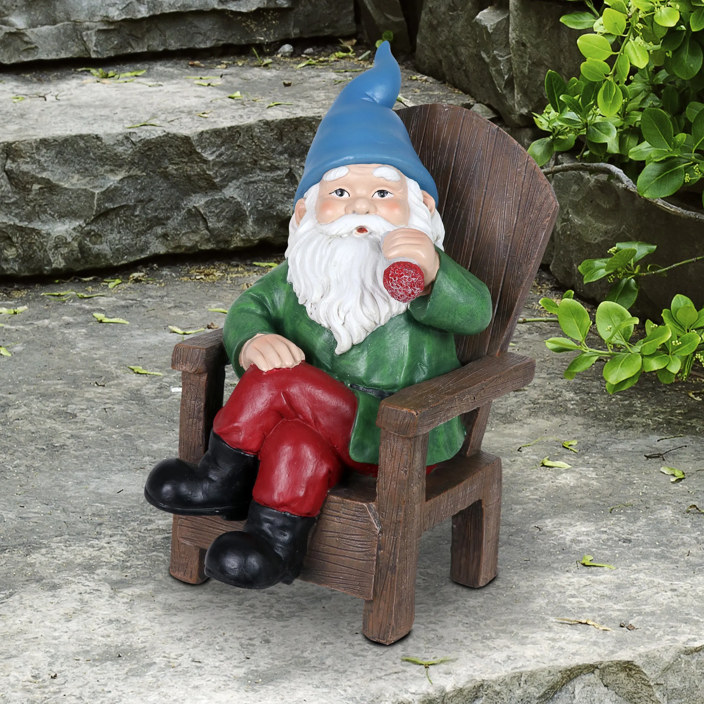 Solar Good Time Smoking Sam Gnome in Adirondack Chair Garden Statuary, 8.5 by 10.5 Inches