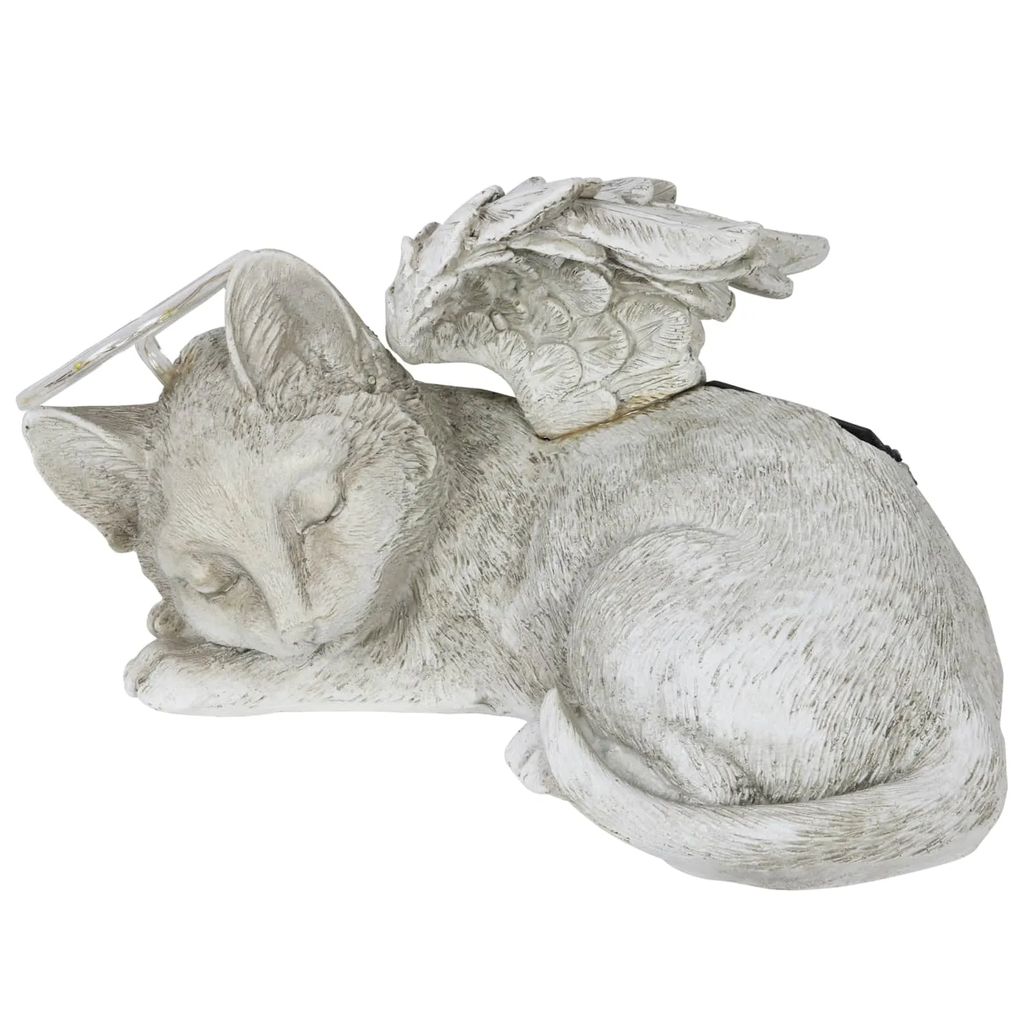 Solar Sleeping Cat with Halo and Angel Wings Memorial Garden Statue, 12 by 7 Inches