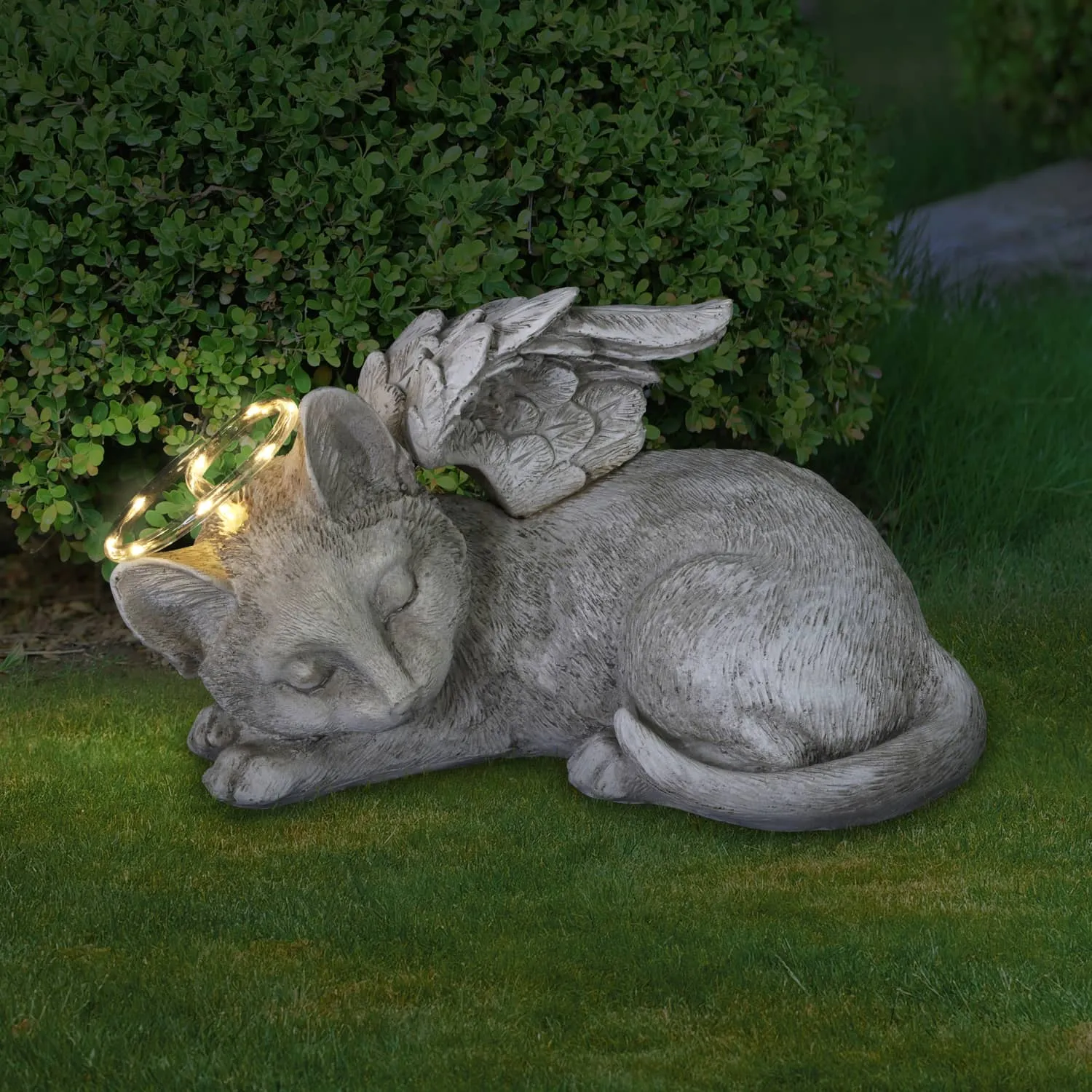 Solar Sleeping Cat with Halo and Angel Wings Memorial Garden Statue, 12 by 7 Inches