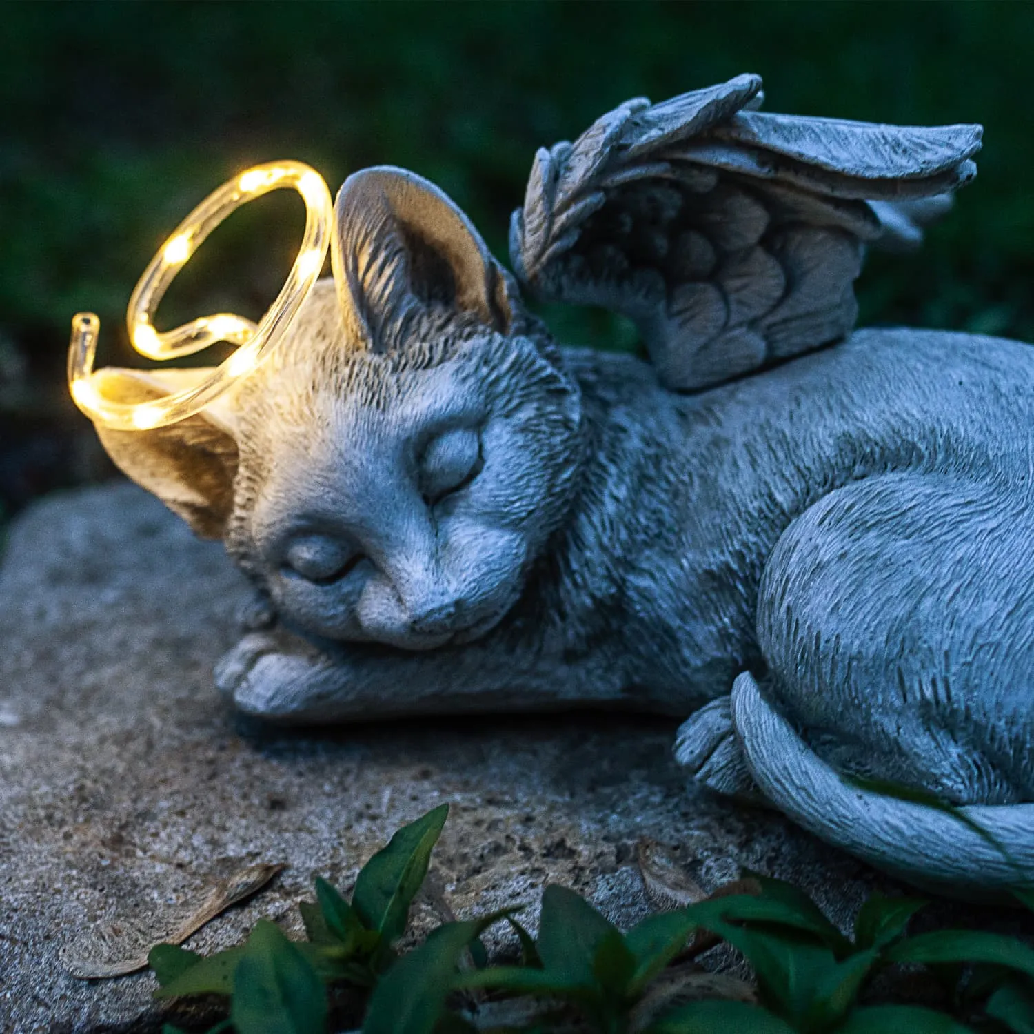 Solar Sleeping Cat with Halo and Angel Wings Memorial Garden Statue, 12 by 7 Inches