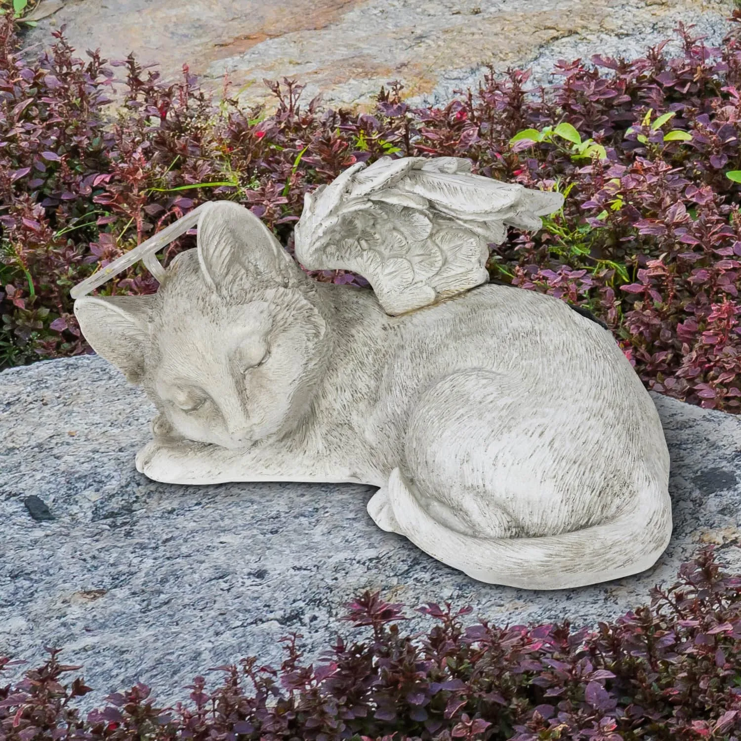 Solar Sleeping Cat with Halo and Angel Wings Memorial Garden Statue, 12 by 7 Inches