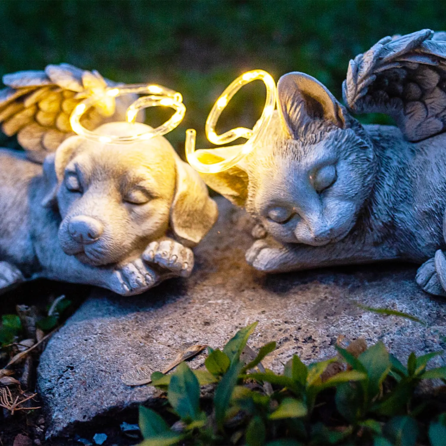 Solar Sleeping Cat with Halo and Angel Wings Memorial Garden Statue, 12 by 7 Inches