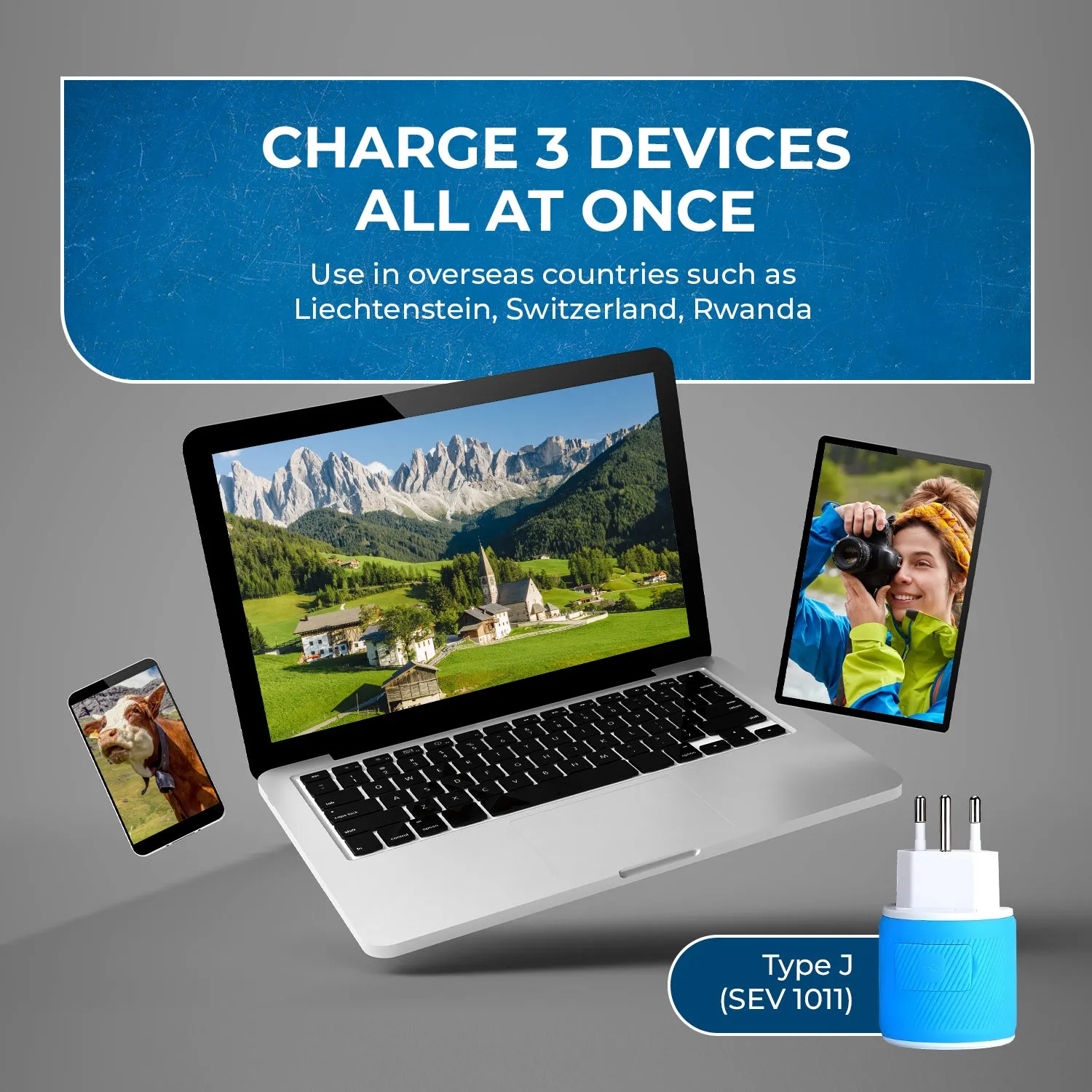 Switzerland Travel Adapter - 3 in 1 - 2 USB - Type J - Compact Design (U2U-11A)