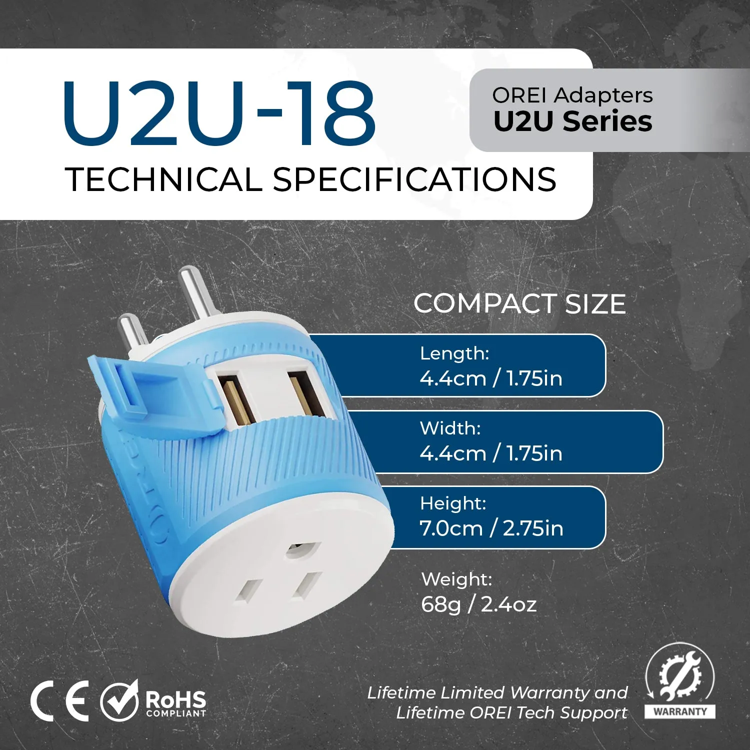 Thailand Travel Adapter - 3 in 1 - 2 USB - Type O - Compact Design (U2U-18)