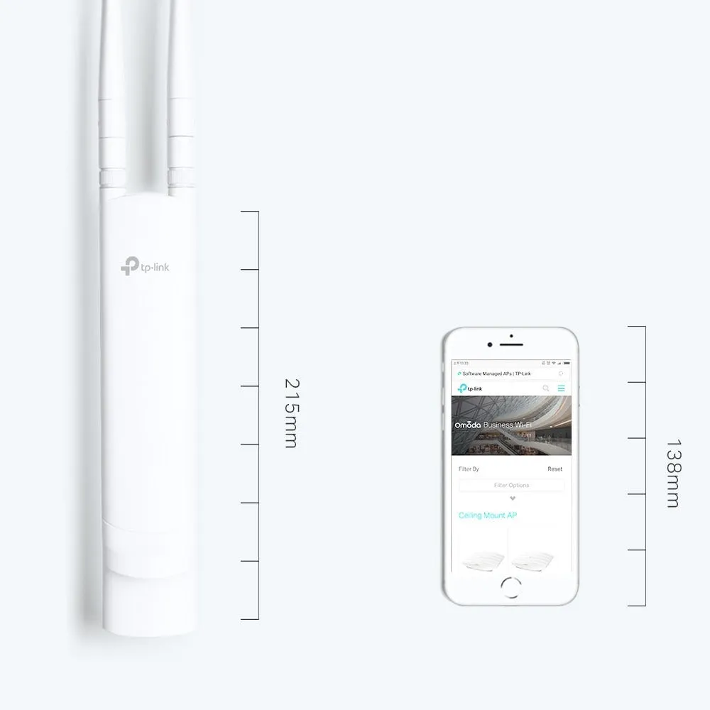 TP-Link EAP110 300Mbps Wireless N Outdoor Access Point 2.4GHz Pole/Wall Mounting with 200m Wireless Range, 10/100Mbps RJ45 Port, PoE Support, 2x 3 dBi External Omni IP65 Waterproof, MIMO Technology, Seamless Integrated into Omada SDN