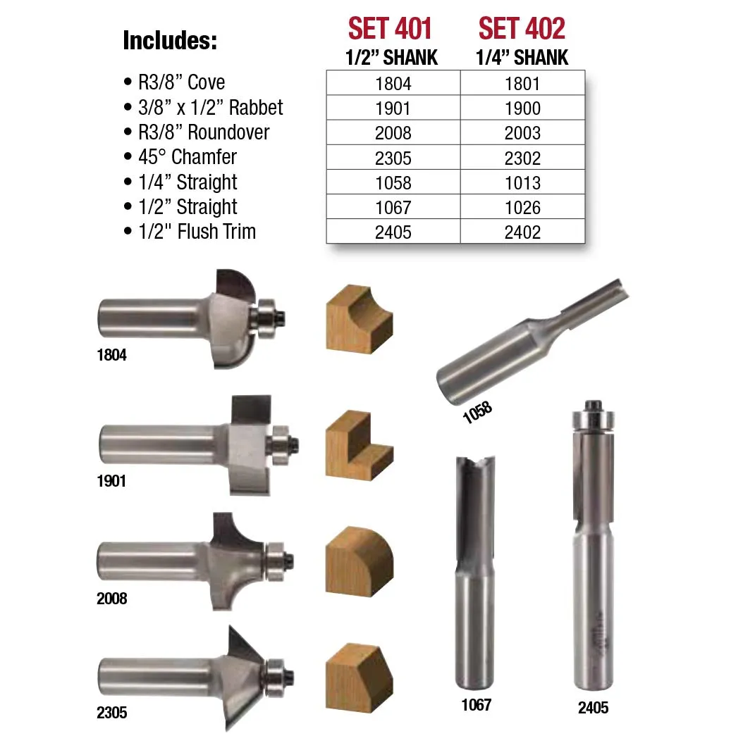 Whiteside, #401 Basic Router Bit Set, 1/2" Shank, Set/7