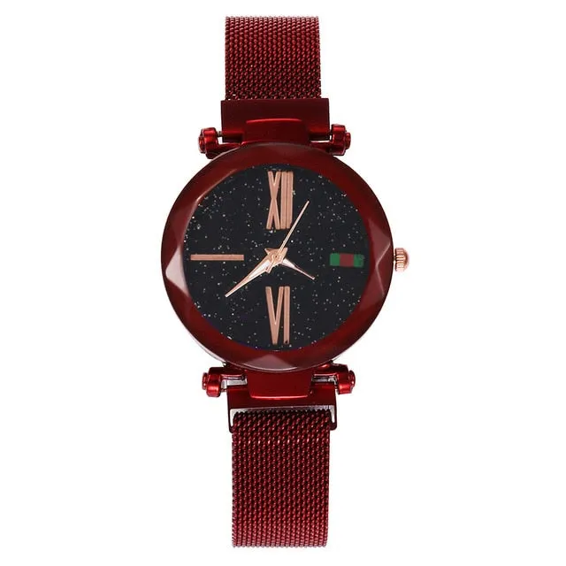 Women Mesh Magnet Buckle Starry Sky Watch Luxury Fashion Ladies Geometric Surface Roman Numeral Quartz Watch Relogio Feminino