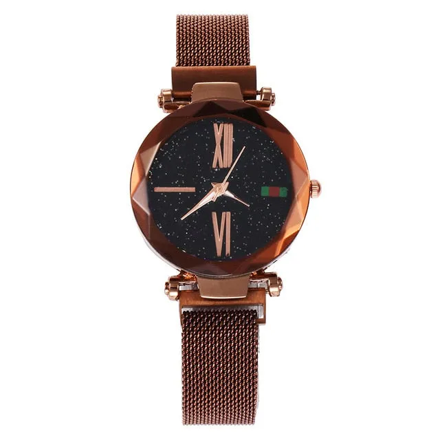 Women Mesh Magnet Buckle Starry Sky Watch Luxury Fashion Ladies Geometric Surface Roman Numeral Quartz Watch Relogio Feminino