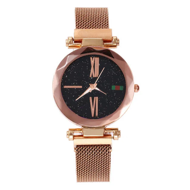 Women Mesh Magnet Buckle Starry Sky Watch Luxury Fashion Ladies Geometric Surface Roman Numeral Quartz Watch Relogio Feminino