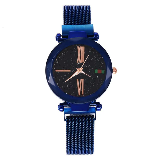 Women Mesh Magnet Buckle Starry Sky Watch Luxury Fashion Ladies Geometric Surface Roman Numeral Quartz Watch Relogio Feminino