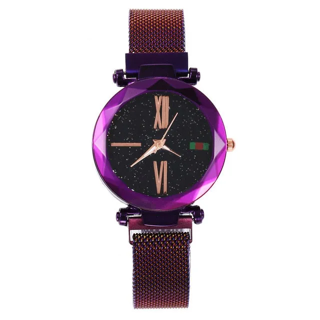 Women Mesh Magnet Buckle Starry Sky Watch Luxury Fashion Ladies Geometric Surface Roman Numeral Quartz Watch Relogio Feminino