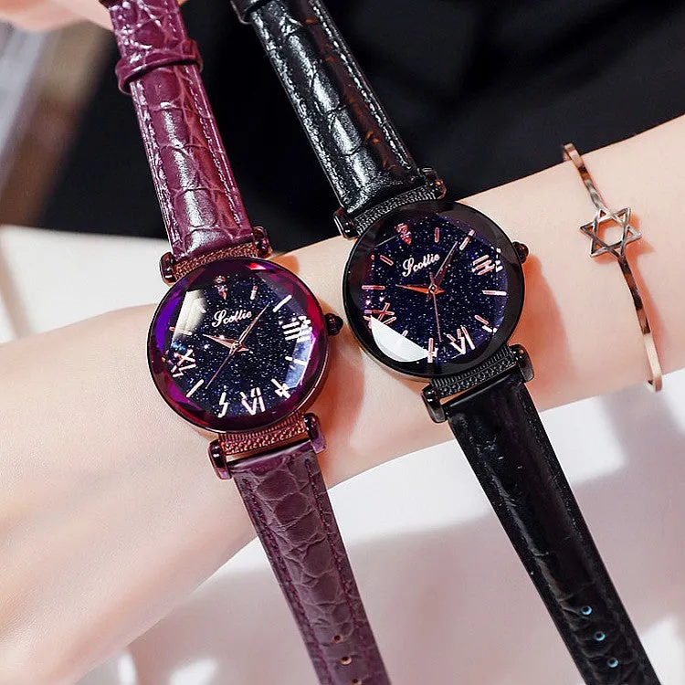 Women's Watch diamond black starry sky dial leather strap elegant watch