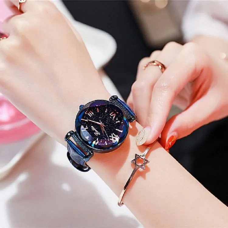 Women's Watch diamond black starry sky dial leather strap elegant watch