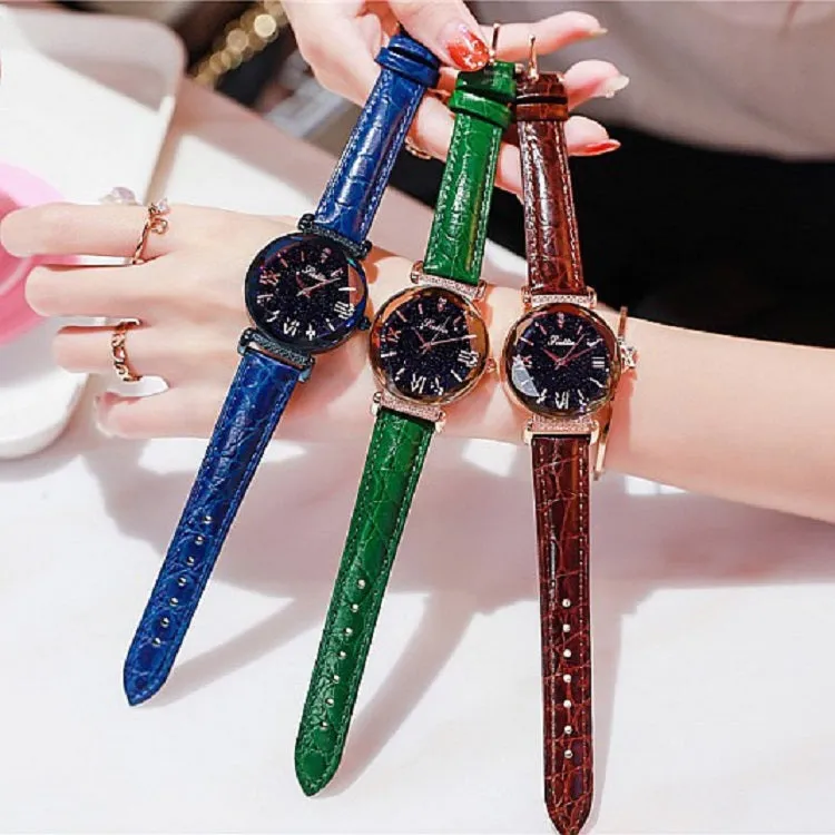 Women's Watch diamond black starry sky dial leather strap elegant watch