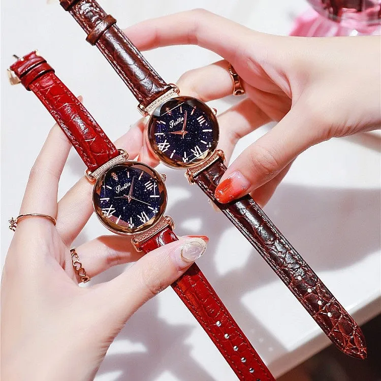 Women's Watch diamond black starry sky dial leather strap elegant watch