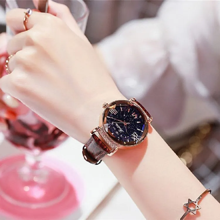 Women's Watch diamond black starry sky dial leather strap elegant watch